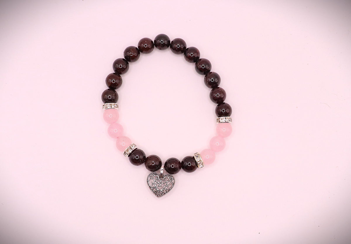 Edelsteen Armband Granaat/ Roze Kwarts met Hartje