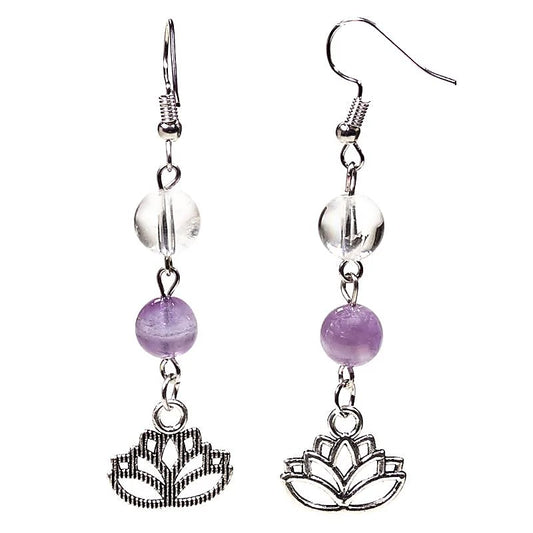 Oorbellen chevron amethist/bergkristal met lotus