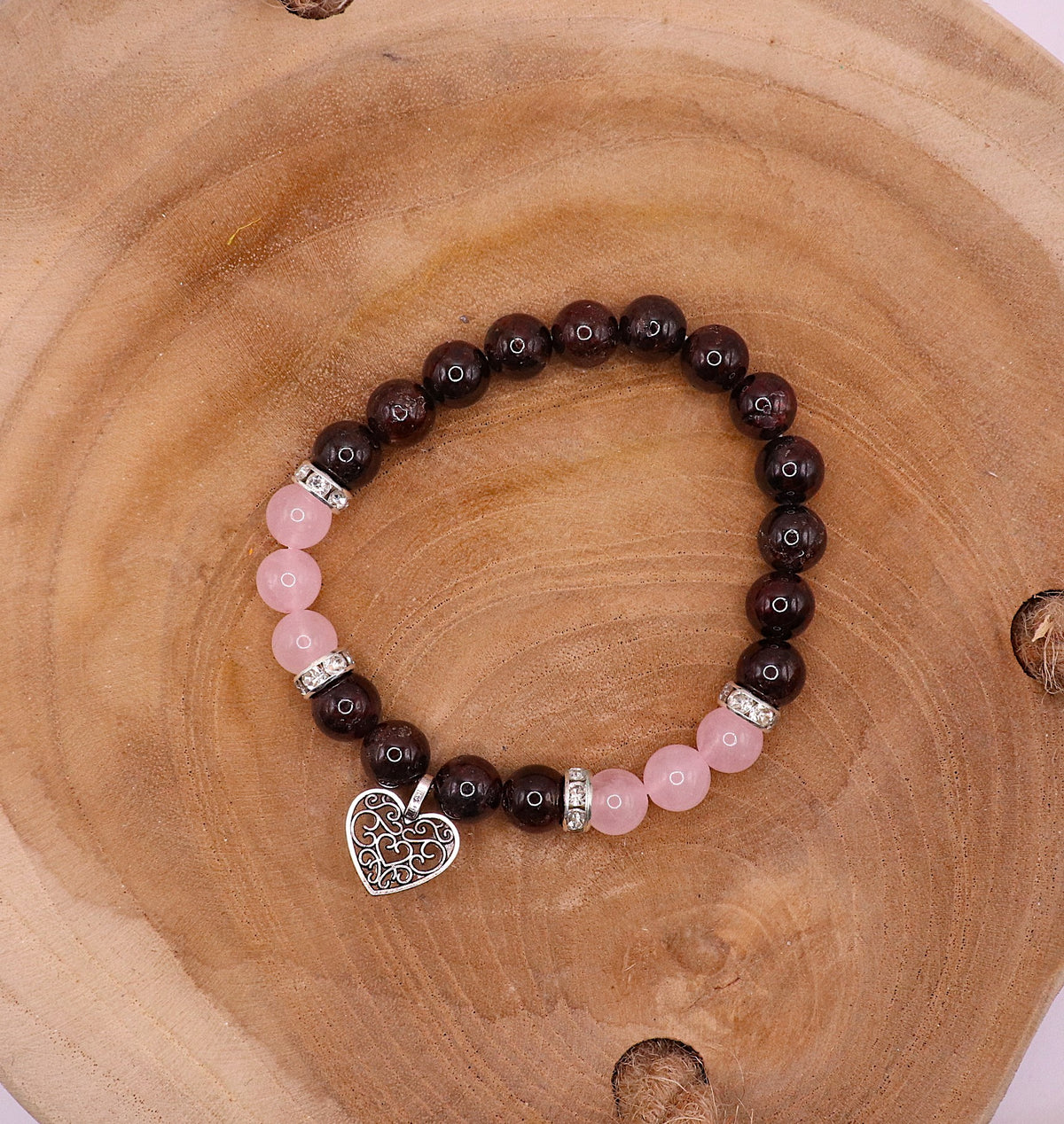 Edelsteen Armband Granaat/ Roze Kwarts met Hartje
