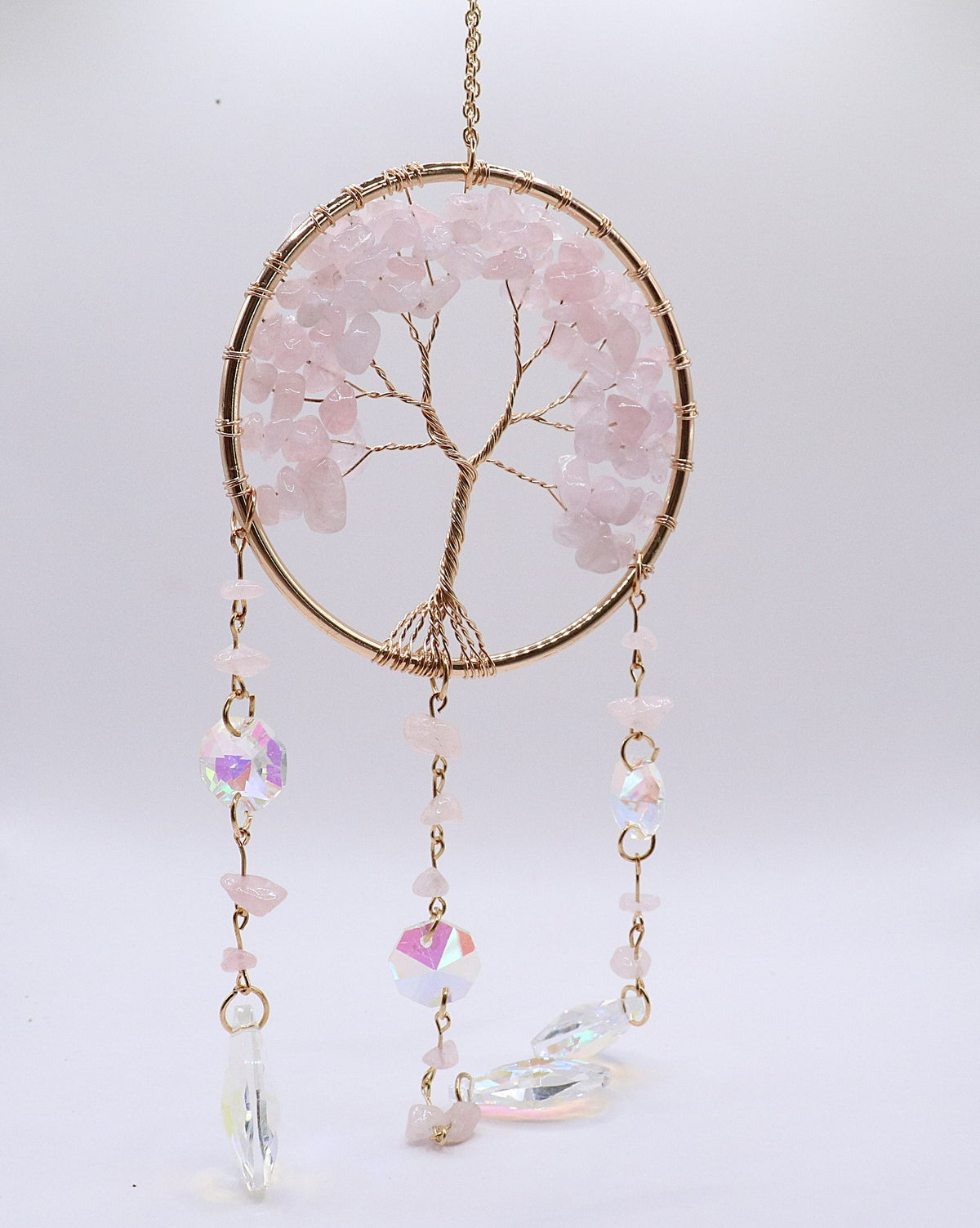 Suncatcher met levensboom en rozenkwarts