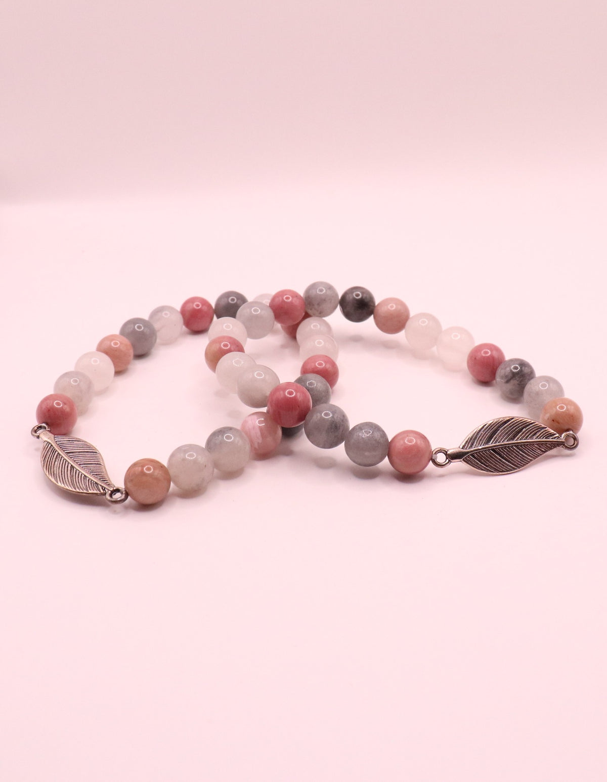 Mala/armband rhodoniet/ grijze kwarts + veer