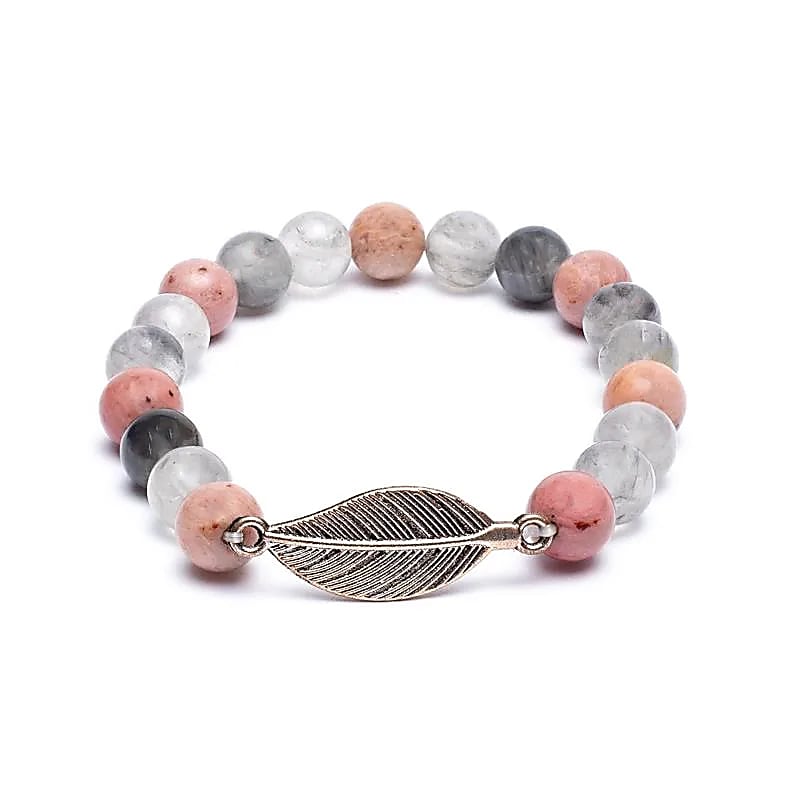 Mala/armband rhodoniet/ grijze kwarts + veer